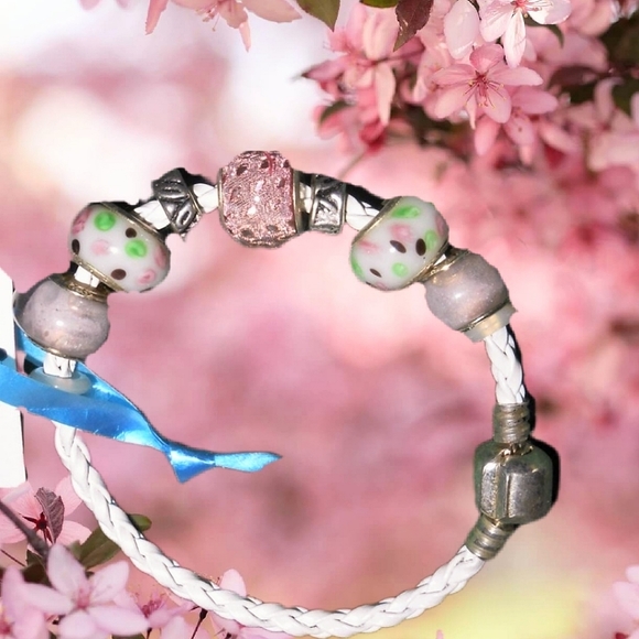 Glass Bead Braided Leatherette Pink & White Bracelet - clone listing - Picture 5 of 15